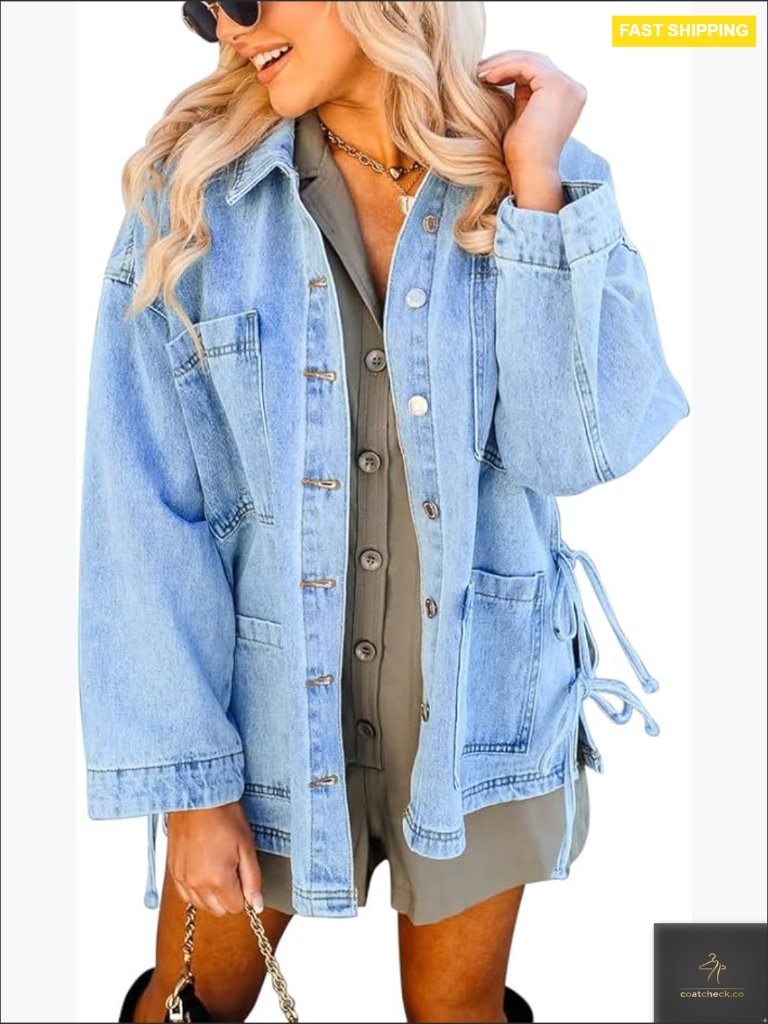 Side Tie Bow Jean Jacket Oversized Denim Button Down With Pockets